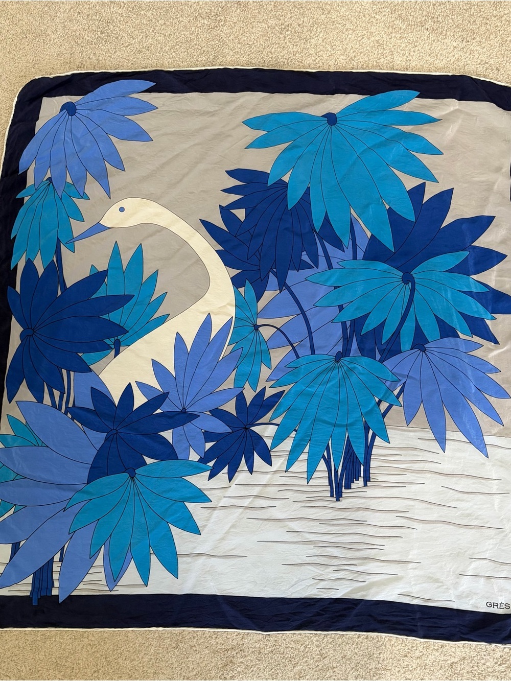 Gres Paris Silk Scarf, Women’s Designer Square Scarf in Blues and White Design